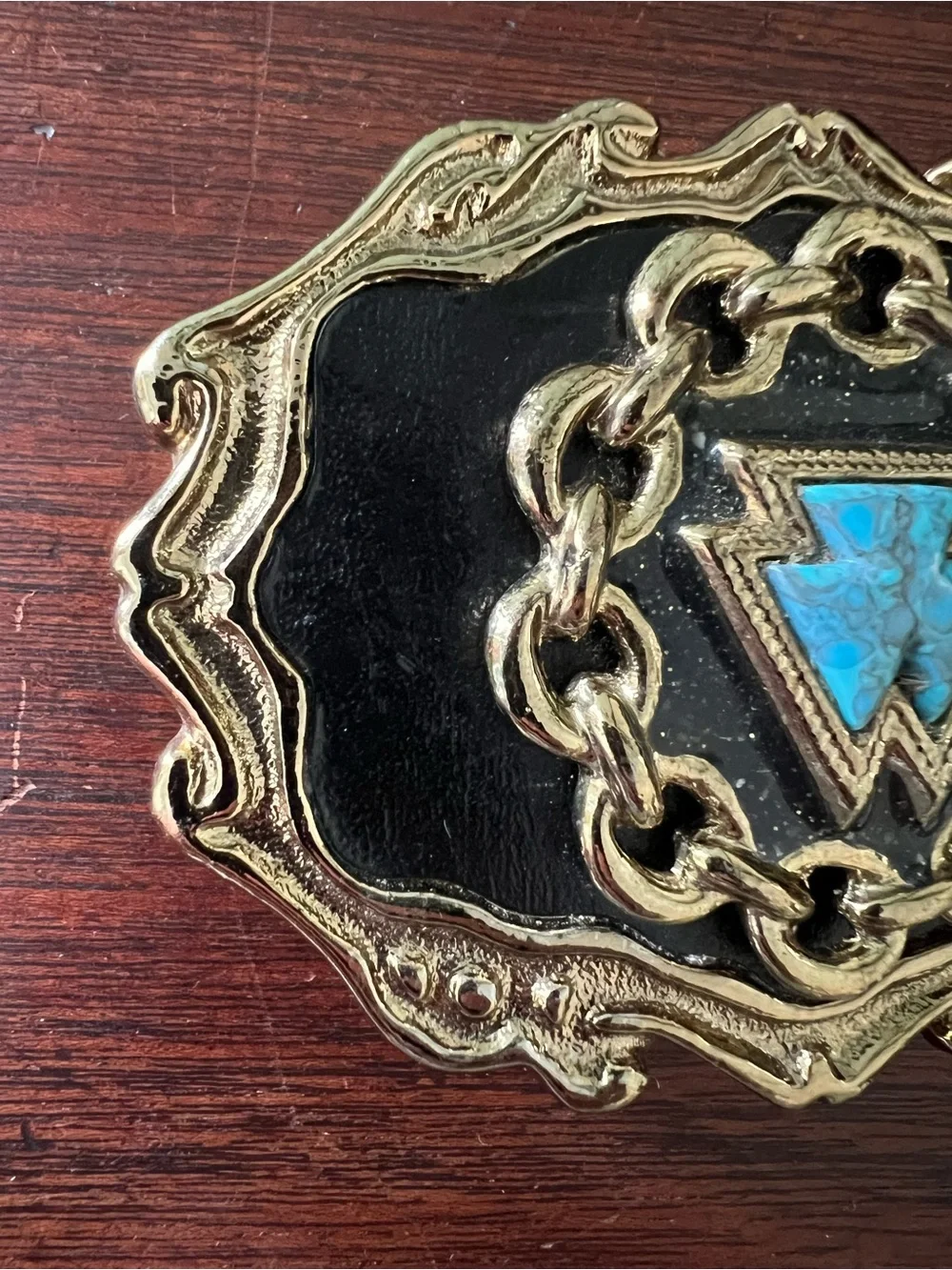 Vintage Southwestern Turquoise Inlay Belt Buckle Gold Tone - Western USA